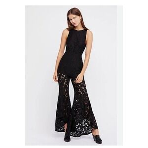 Free People Rise and Shine Black Lace Bell Bottom Flare Jumpsuit Size 4 S